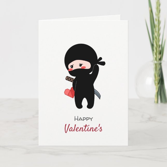 Shy Blushing Ninja Holding Origami Paper Heart Holiday Card (Front)
