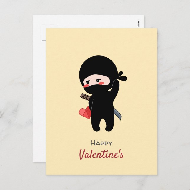 Shy Blushing Ninja Holding Origami Paper Heart Holiday Postcard (Front/Back)