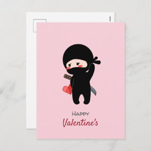 Shy Blushing Ninja Holding Origami Paper Heart Holiday Postcard