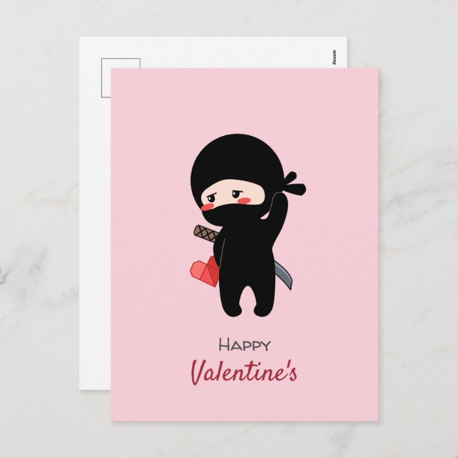 Shy Blushing Ninja Holding Origami Paper Heart Holiday Postcard (Front/Back)