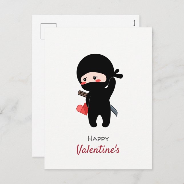 Shy Blushing Ninja Holding Origami Paper Heart Holiday Postcard (Front/Back)