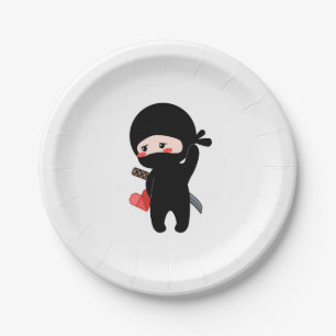 Shy Blushing Ninja Holding Origami Paper Heart Paper Plate