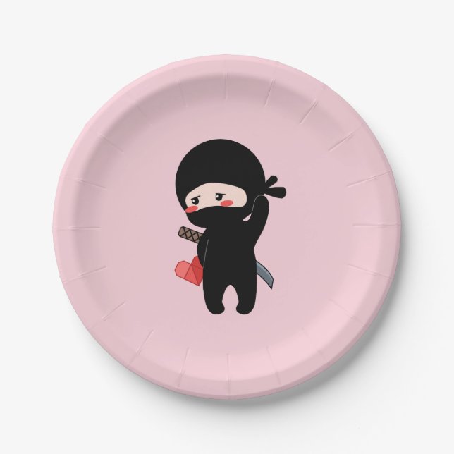 Shy Blushing Ninja Holding Origami Paper Heart Pnk Paper Plate (Front)