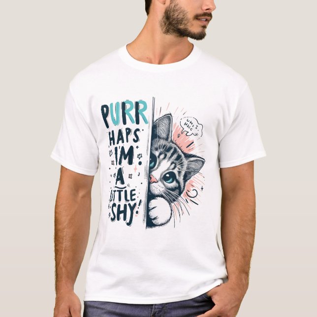 Shy Cat Peeking Illustration T-Shirt (Front)