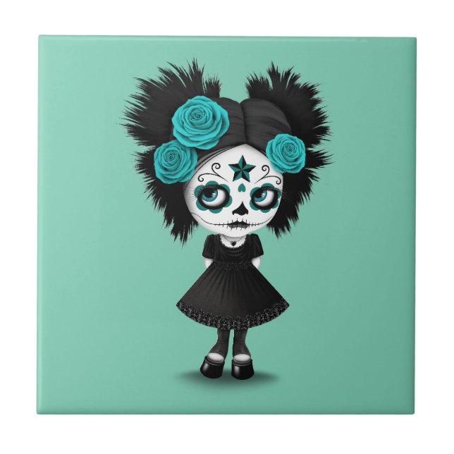 Shy Day of the Dead Girl with Big Eyes Blue Tile (Front)