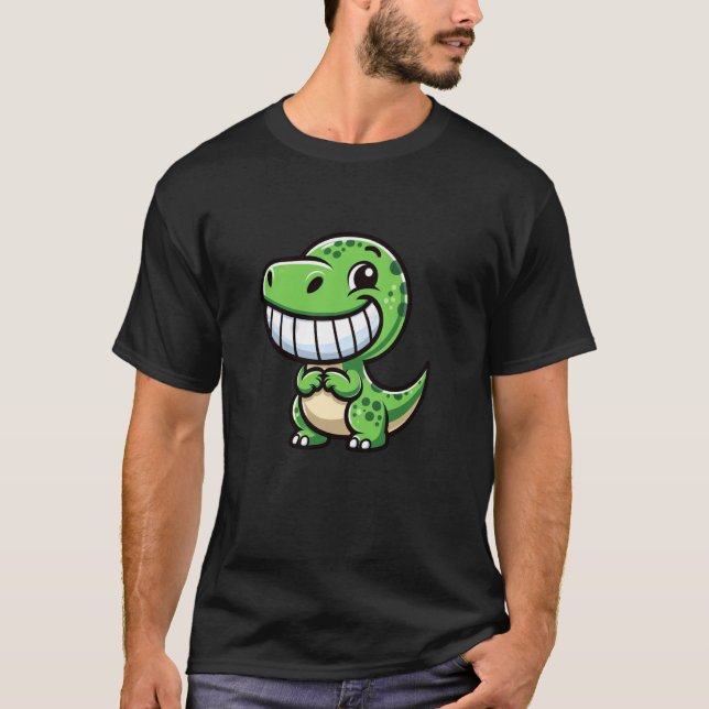 Shy Dino Cartoon Trex Showing Teeth Happy Friendly T-Shirt (Front)