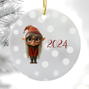 Shy Girl Christmas Elf Ceramic Ornament