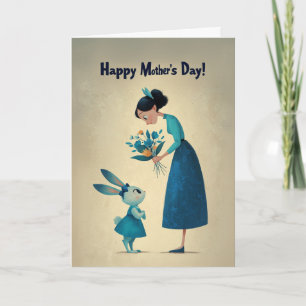 Shy Little Bunny Giving Mama Flowers Card