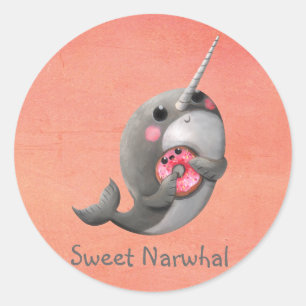 Shy Narwhal with Doughnut Classic Round Sticker