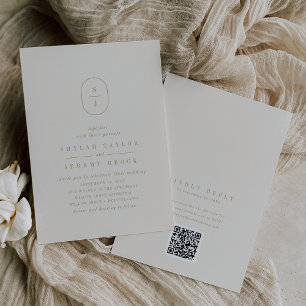 SHYLAH QR Code Gold Cream Monogram Vintage Wedding Invitation