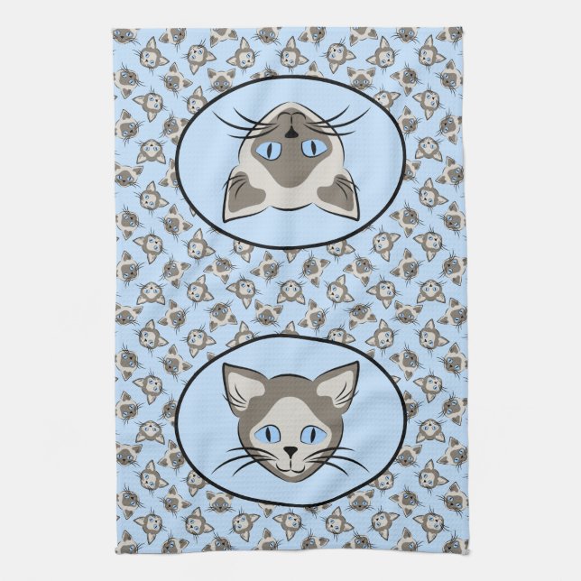 Siamese Blue Eyed Cat Faces Graphic Art Pattern Tea Towel (Vertical)
