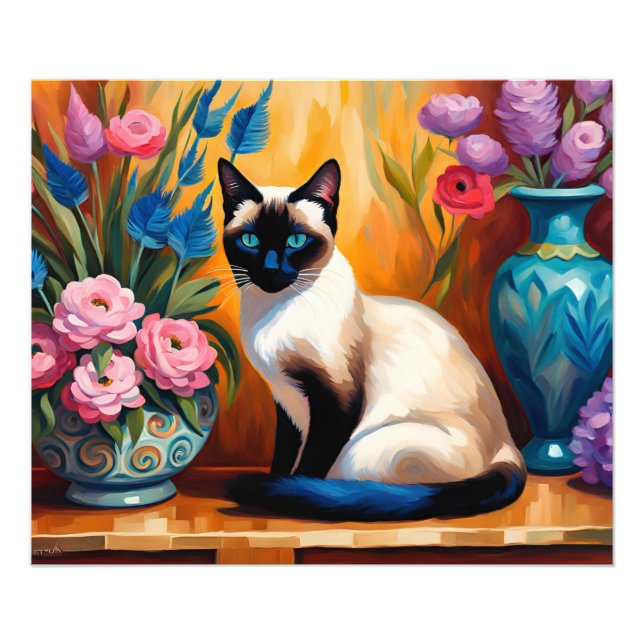 Siamese Cat And Bouquets in Vases watercolor Photo Print (Front)