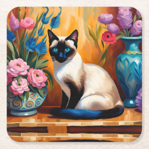 Siamese Cat And Bouquets in Vases watercolor Square Paper Coaster