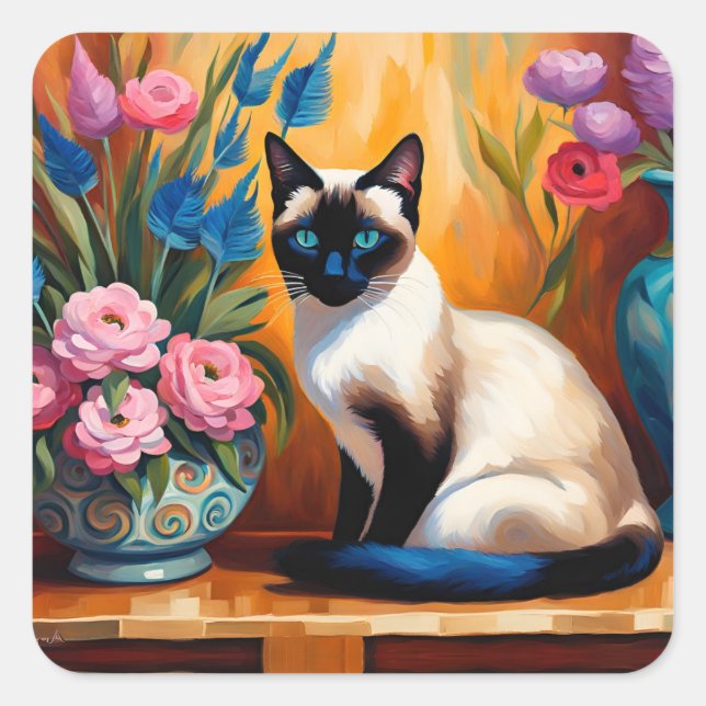 Siamese Cat And Bouquets in Vases watercolor Square Sticker (Front)