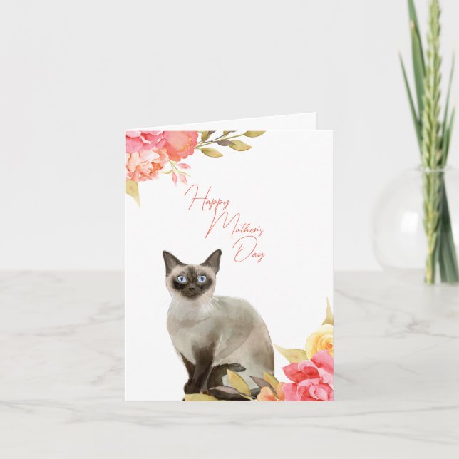 Siamese Cat and Flowers Mother's Day Greeting Card (Front)