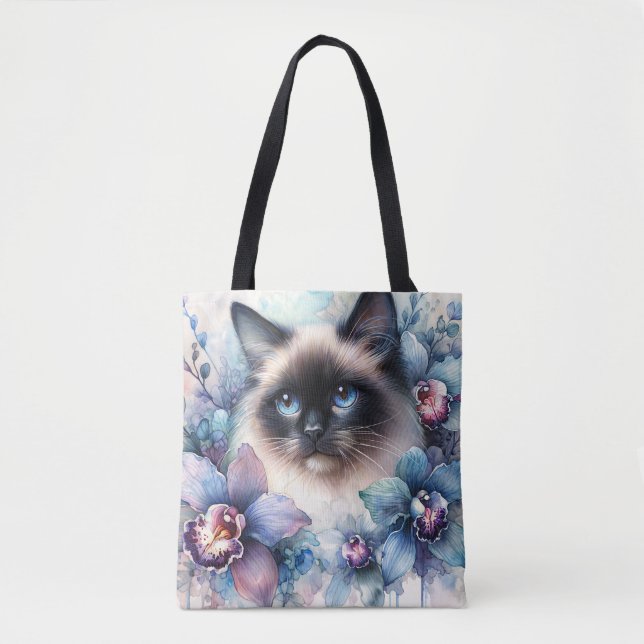 Siamese Cat and Orchid Flowers Watercolor Tote Bag (Front)