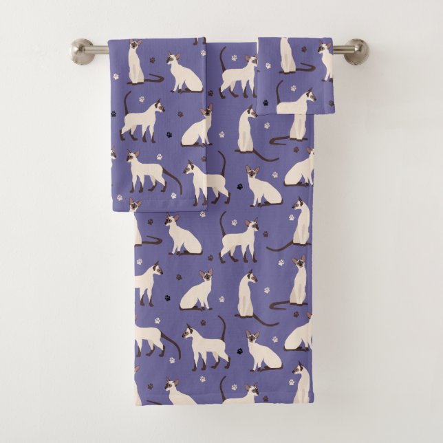 Siamese Cat and Paws Purple Bath Towel Set (Insitu)