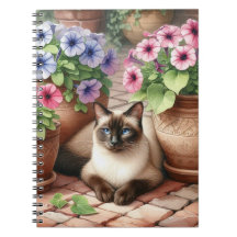 Siamese Cat and Petunia Flowers 