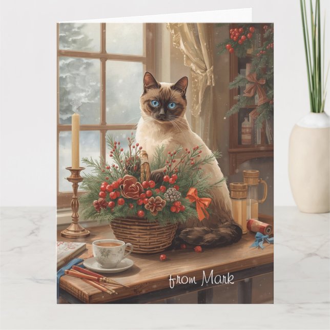Siamese Cat arranging Flowers Winter Christmas  Card (Front)