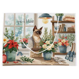 Siamese Cat arranging Flowers Winter Christmas  Large Gift Bag
