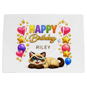 Siamese Cat Balloons and Stars Happy Birthday Large Gift Bag