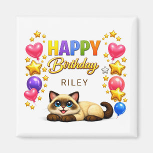 Siamese Cat Balloons and Stars Happy Birthday  Magnet