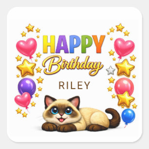 Siamese Cat Balloons and Stars Happy Birthday Square Sticker