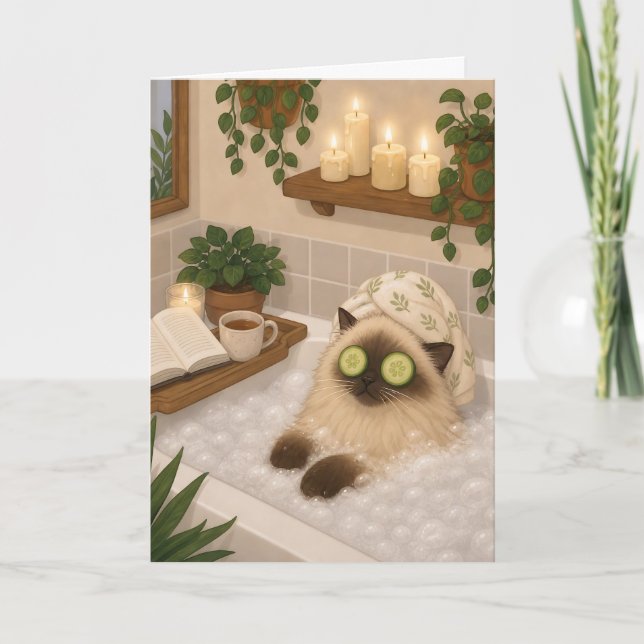 Siamese Cat Bath Time Self Care Greeting Card (Front)