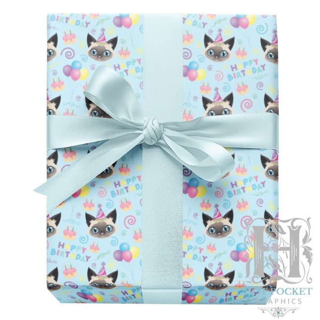 Siamese Cat Birthday Gift Wrapping Paper in Blue (Creator Uploaded)