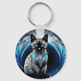Siamese cat, black blue and white abstract key ring