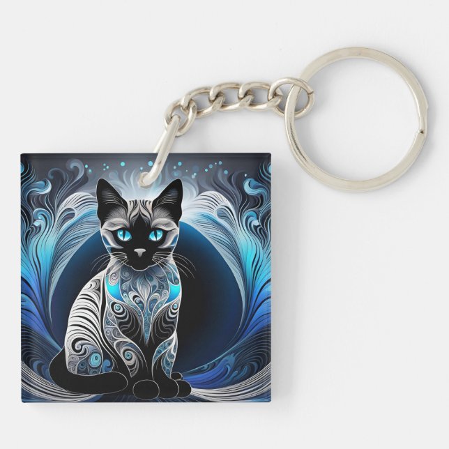 Siamese cat, black blue and white abstract key ring (Back)