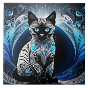 Siamese cat, black blue and white abstract tile