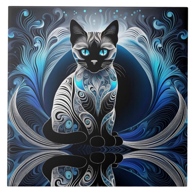 Siamese cat, black blue and white abstract tile (Front)