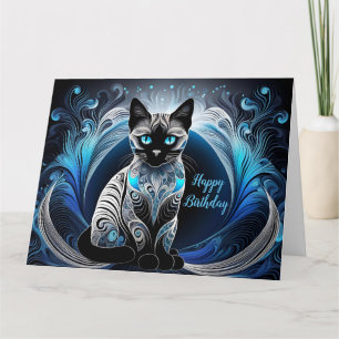 Siamese cat, Blue and white abstract Birthday Card