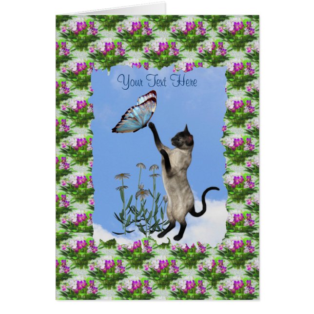 Siamese Cat Blue Butterfly Cute Card (Front)