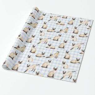 Siamese Cat Blue Gingham Watercolor Gift Wrap
