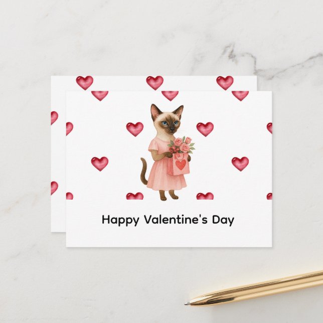 Siamese Cat brings roses for Valentines' day Postcard (Front/Back In Situ)