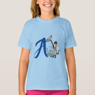 Siamese Cat Butterfly Cute Monogram Initial A  T-Shirt