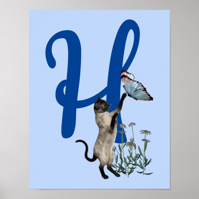 Siamese Cat Butterfly Daisies Monogram Initial H Poster (Front)