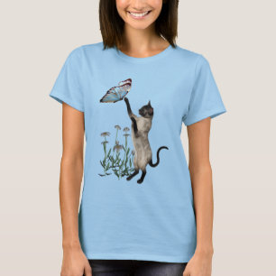 Siamese Cat Butterfly Daisy Flowers T-Shirt