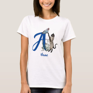 Siamese Cat Butterfly Monogram Initial A Name T-Shirt