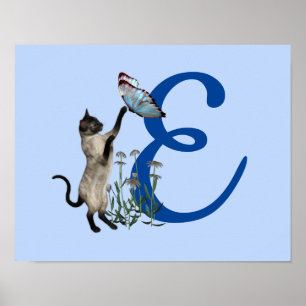 Siamese Cat Butterfly Monogram Initial E Poster