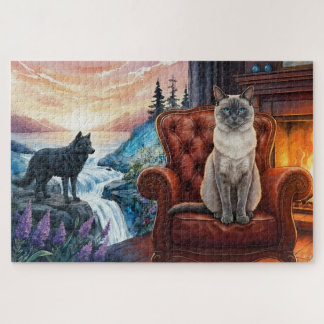 Siamese cat by Fireplace, wolf Mural Jigsaw Puzzle