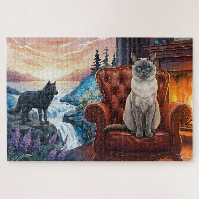 Siamese cat by Fireplace, wolf Mural Jigsaw Puzzle (Horizontal)