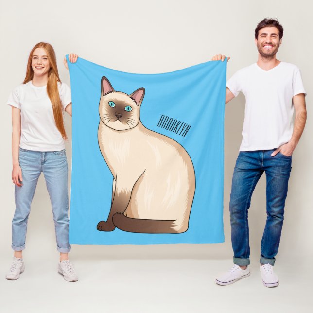 Siamese cat cartoon illustration fleece blanket (In Situ)