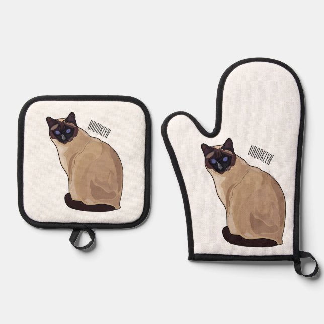 Siamese cat cartoon illustration  oven mitt & pot holder set (Front)