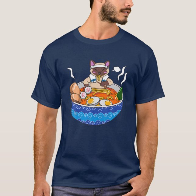 Siamese Cat Chillin Ramen Kawaii Japanese Food Ota T-Shirt (Front)