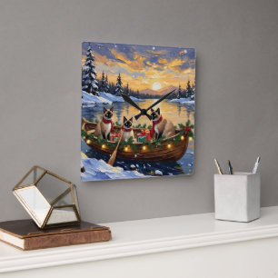 Siamese Cat Christmas Boat Holiday Square Wall Clock
