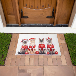 Siamese Cat Christmas Dress Santa Hat Doormat