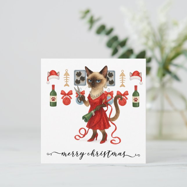 Siamese Cat Christmas Funny Glam Holiday Card (Standing Front)